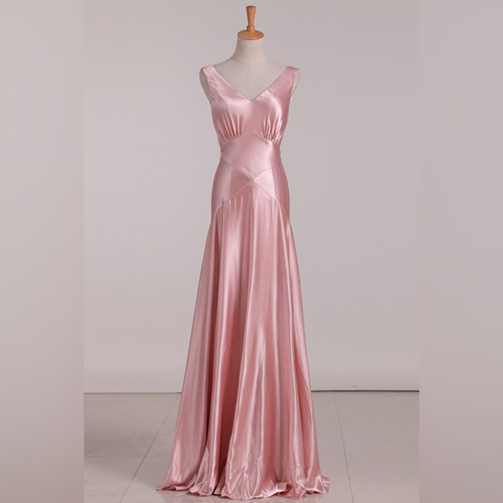 Elegant V-Neck Pink Satin Maxi Dress